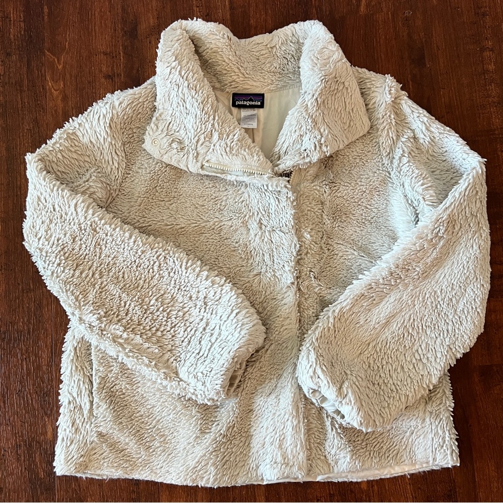 Patagonia Jacket Womens L Pelage Cream Faux Fur High-Pile Pockets Full Zip